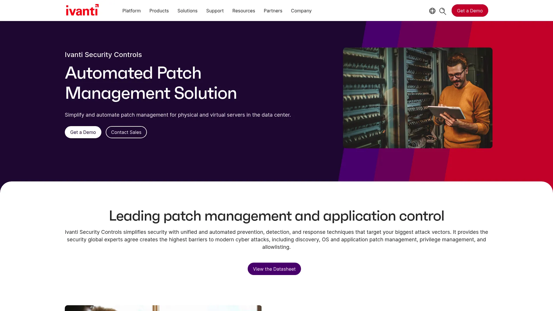 Ivanti Security Controls product page showing patch management and application control