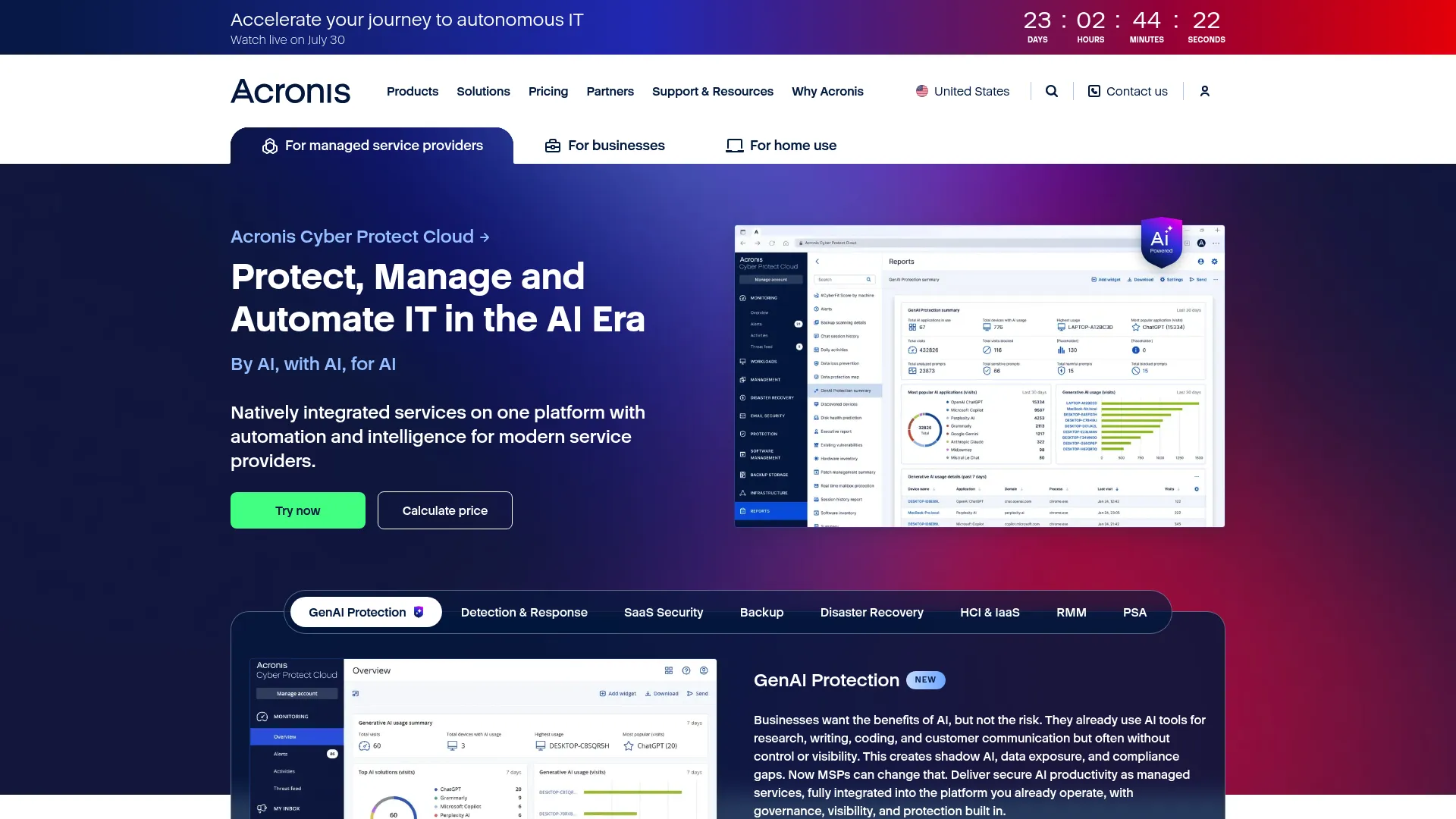 Acronis Cyber Protect product page showing integrated cyber protection features