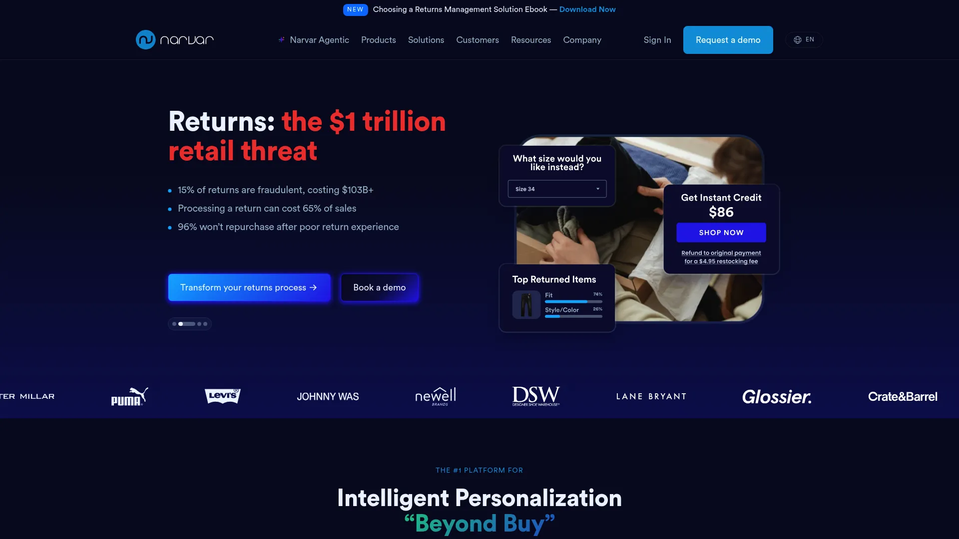 Narvar enterprise post-purchase and returns platform homepage