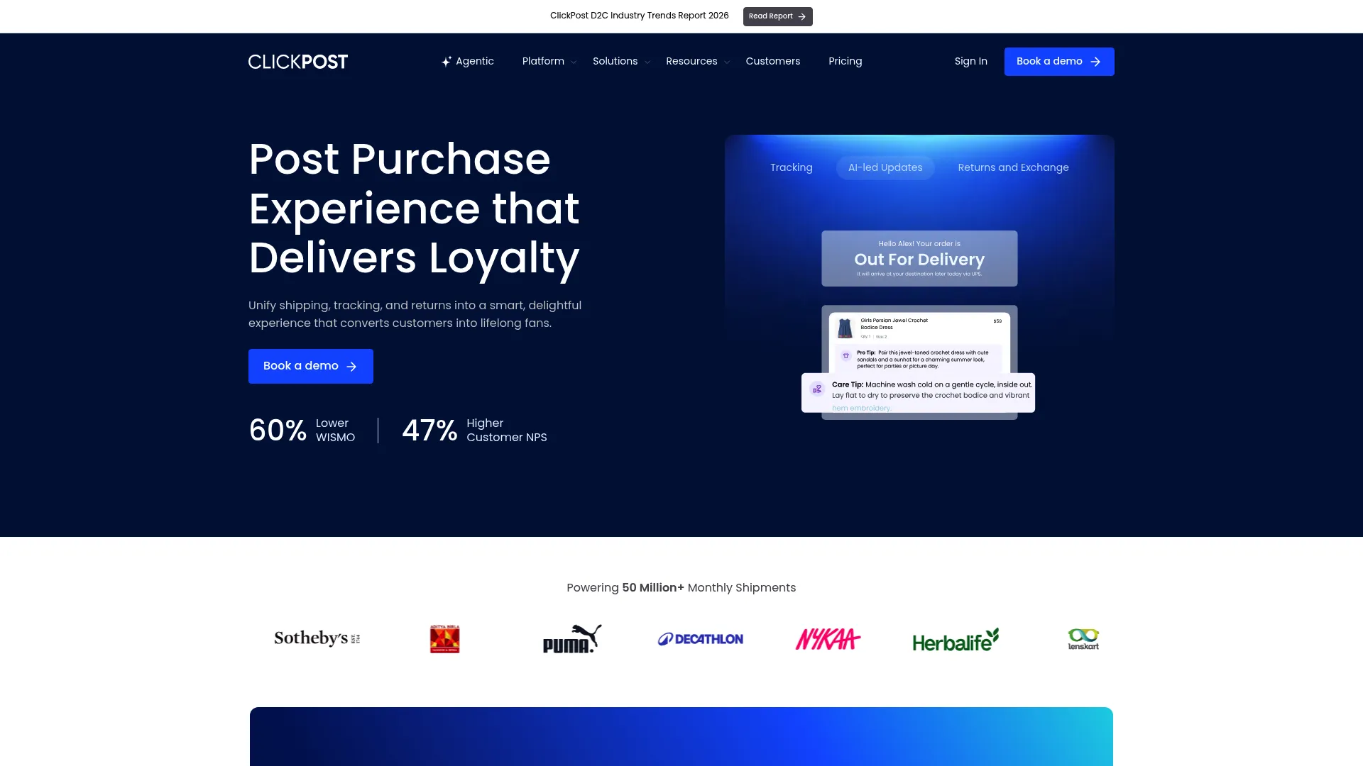 ClickPost reverse logistics and post-purchase platform homepage