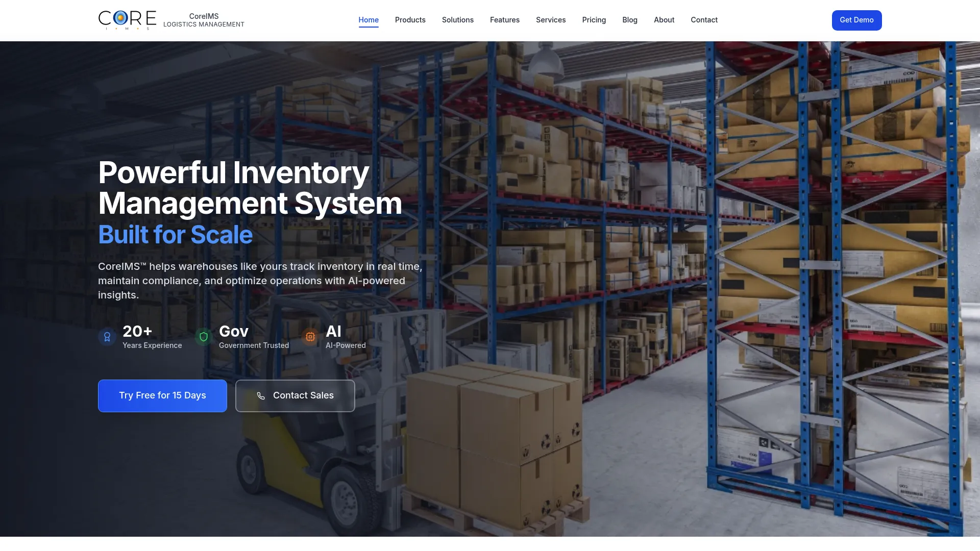 CoreWMS inventory and warehouse management software dashboard