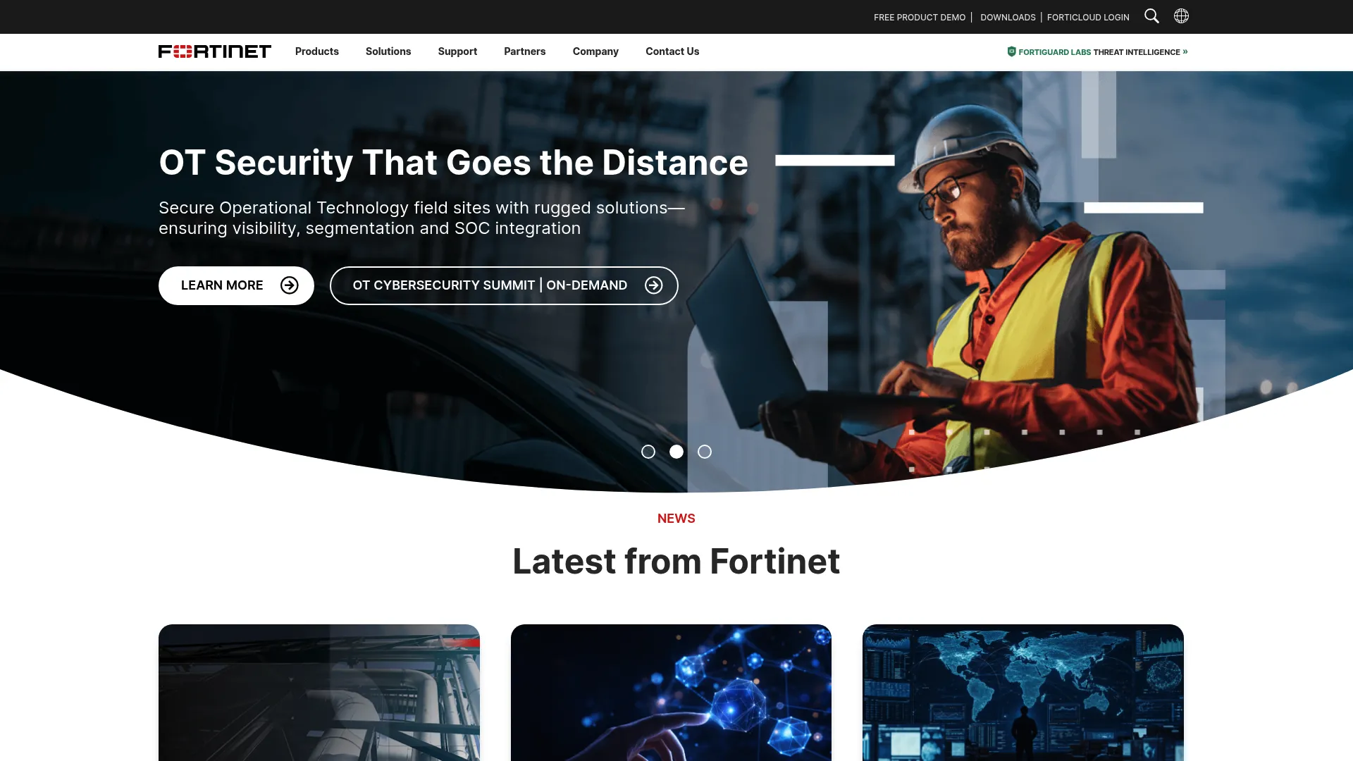 Fortinet homepage showing its unified security and networking platform