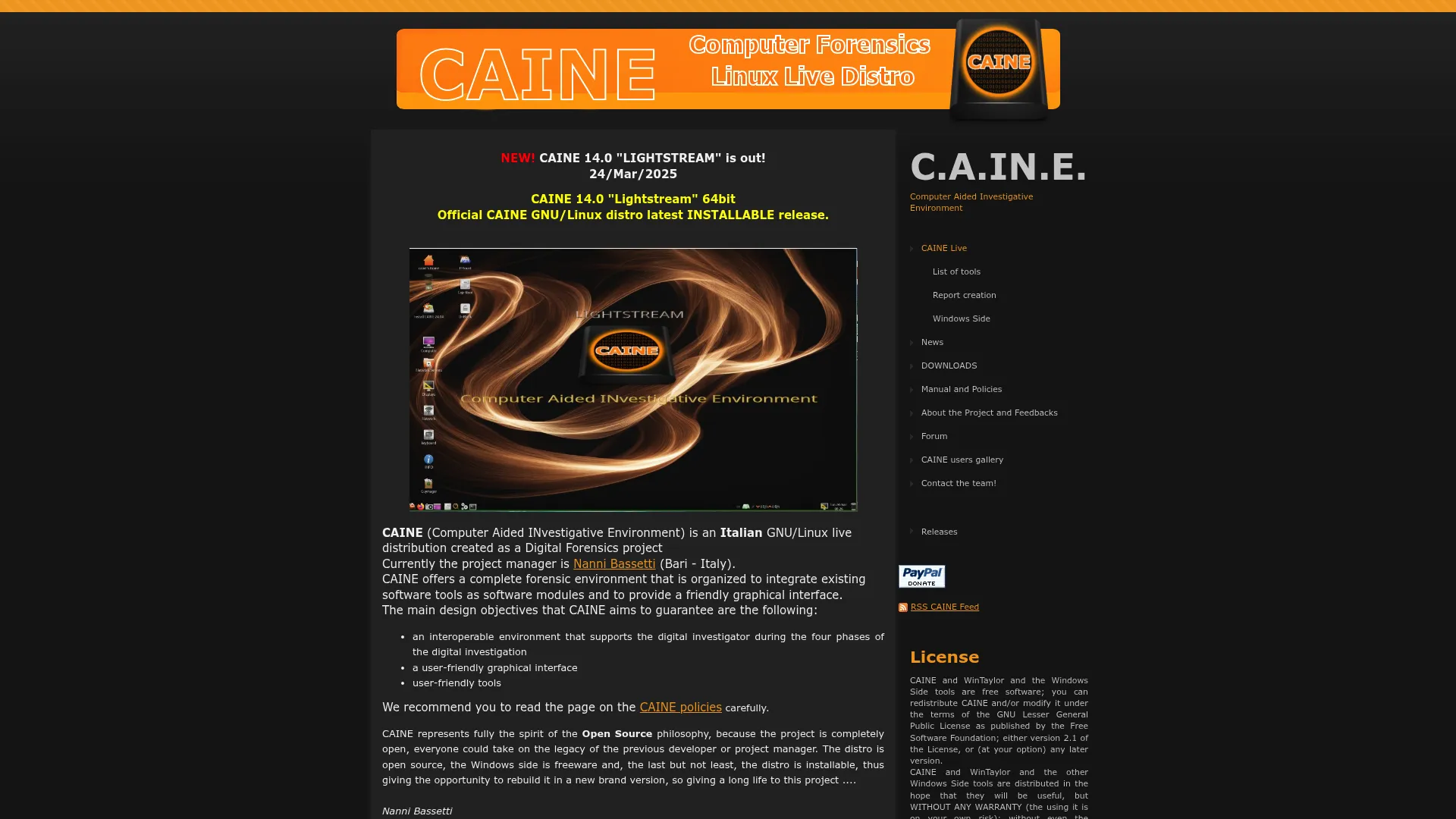CAINE live boot forensic Linux distribution homepage