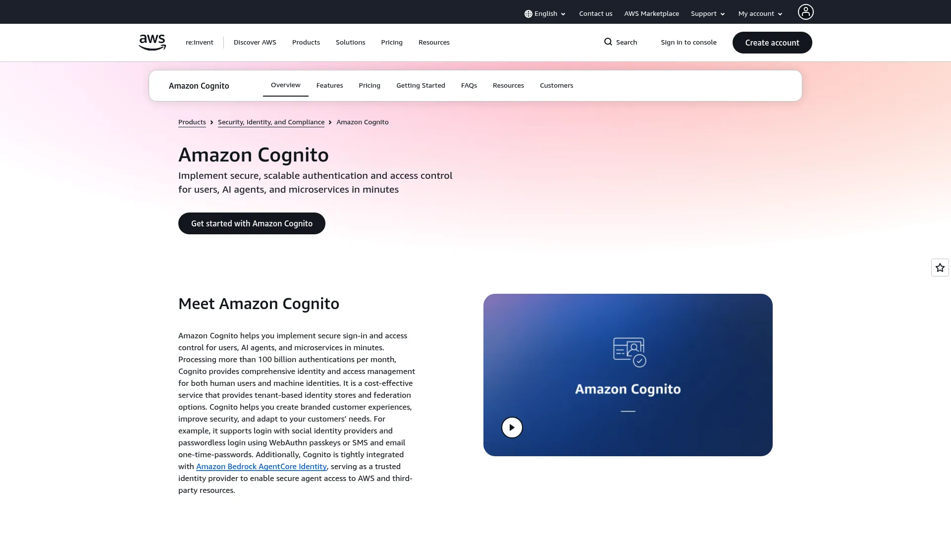 Amazon Cognito customer identity and access management homepage