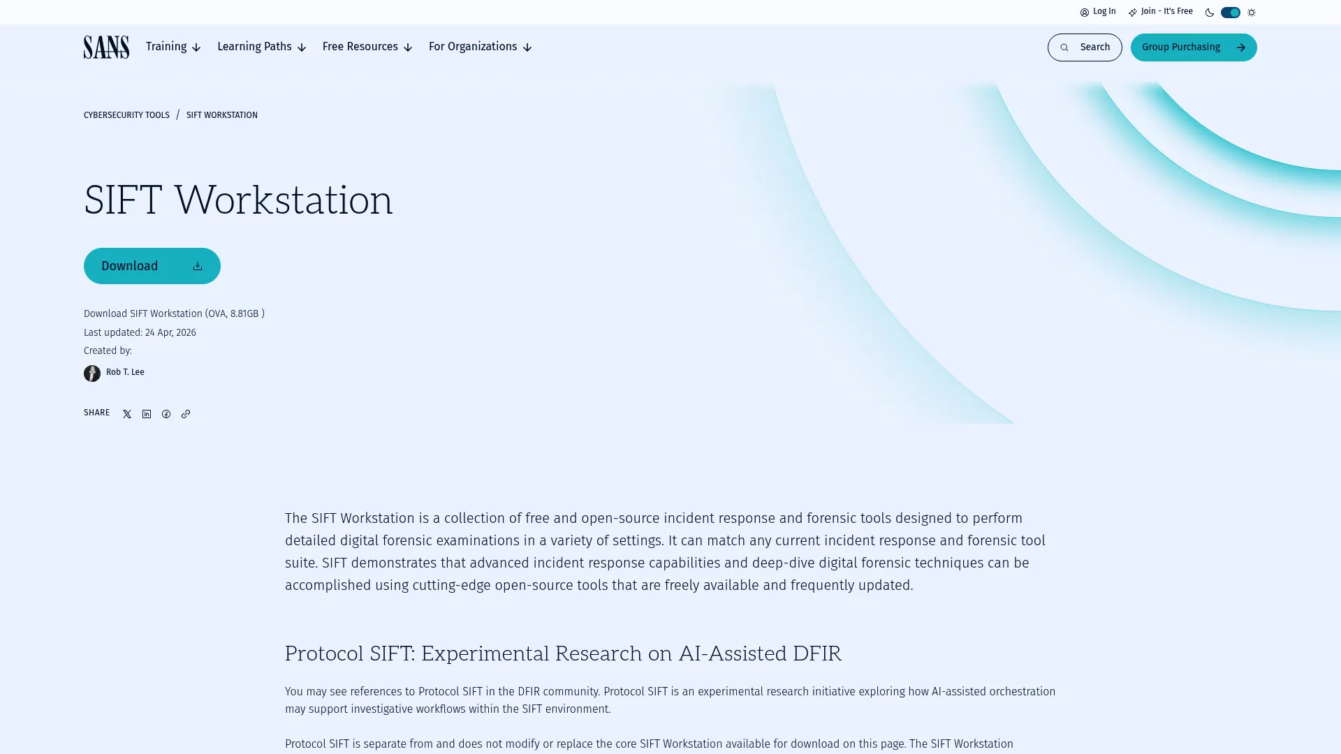 SANS SIFT workstation forensic toolkit page