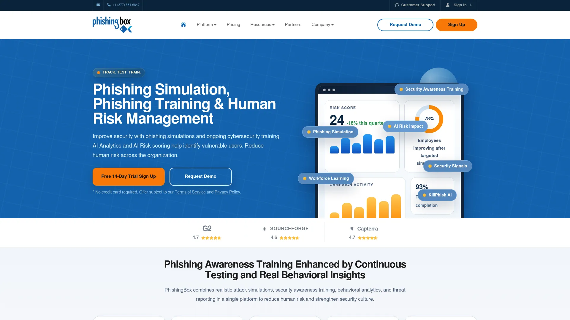 PhishingBox phishing simulation and security awareness training platform homepage