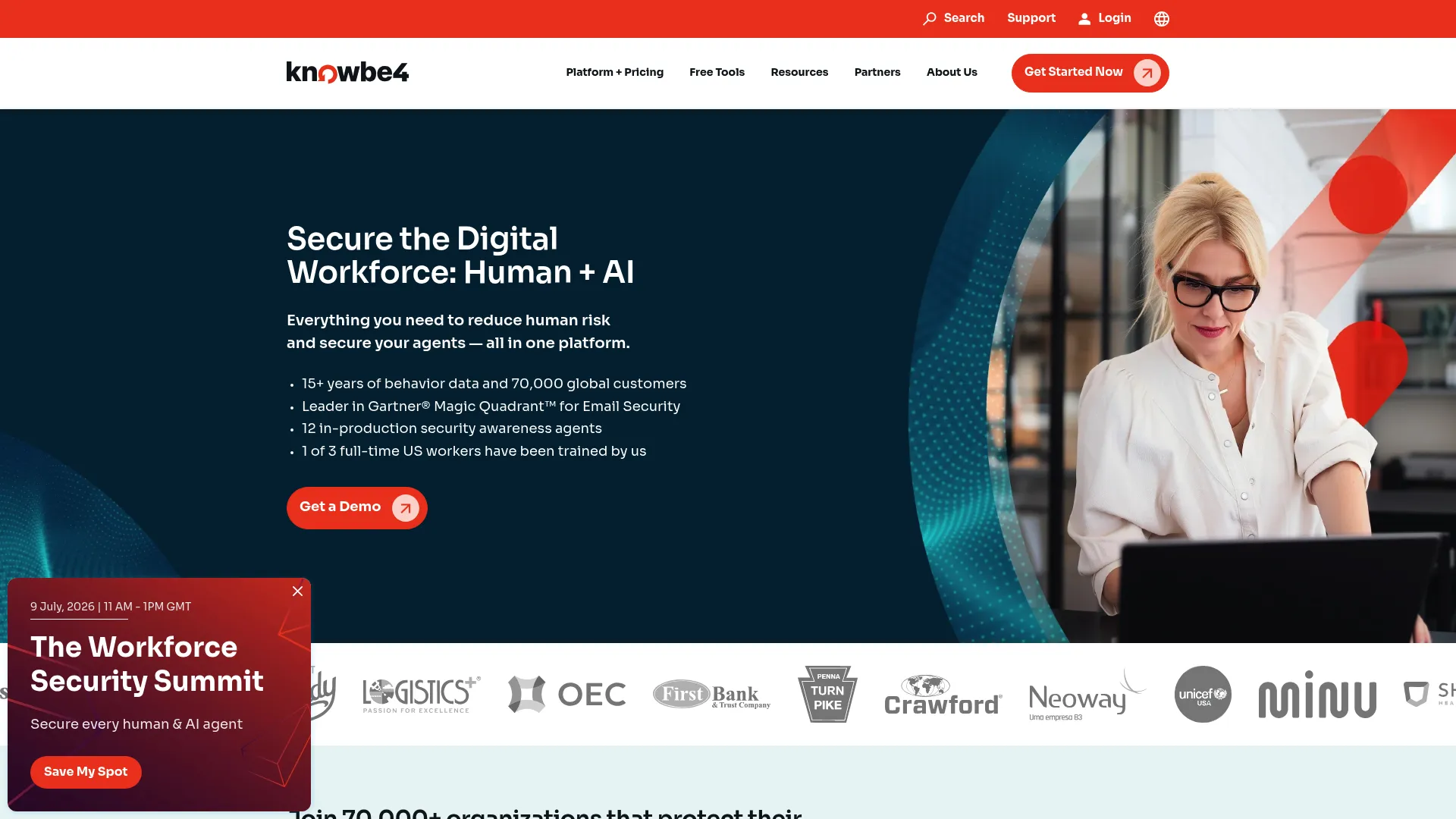 KnowBe4 security awareness training and human risk management platform homepage