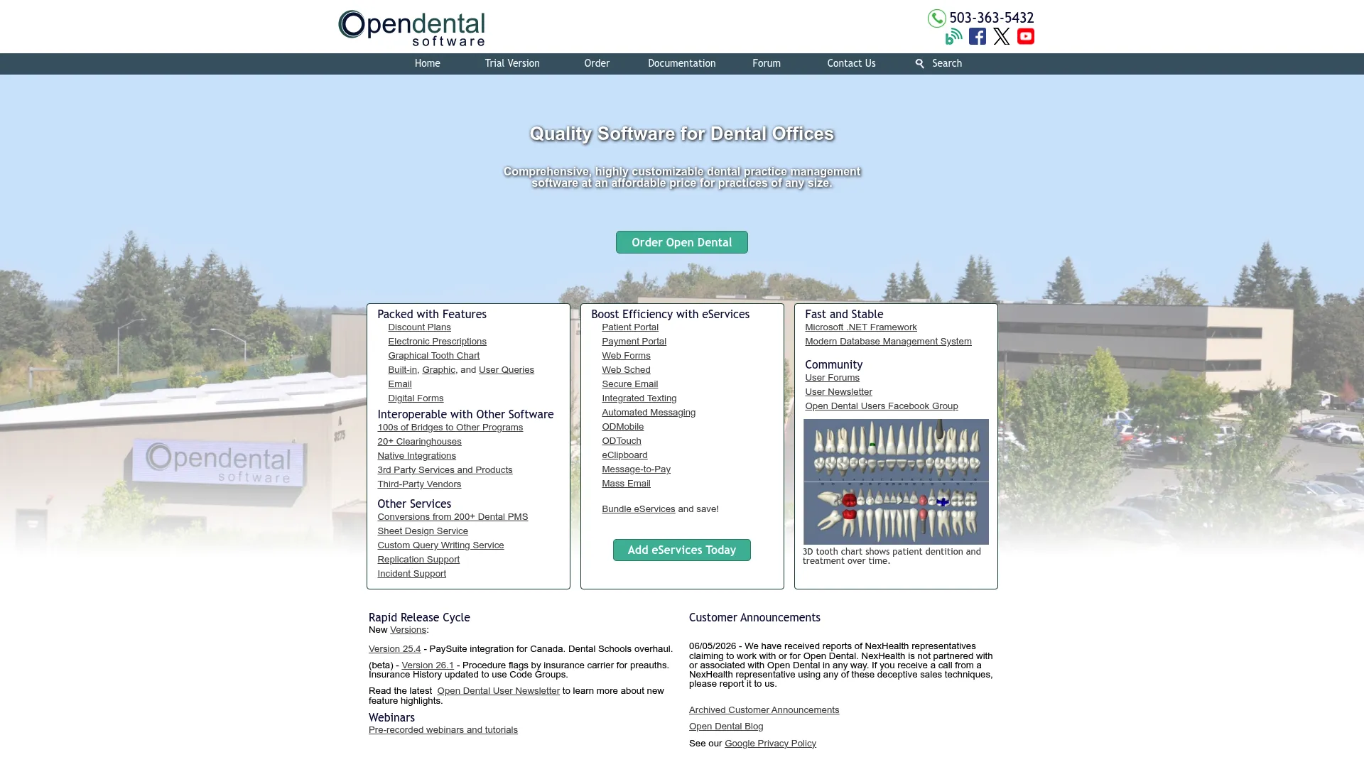 Open Dental practice management software homepage