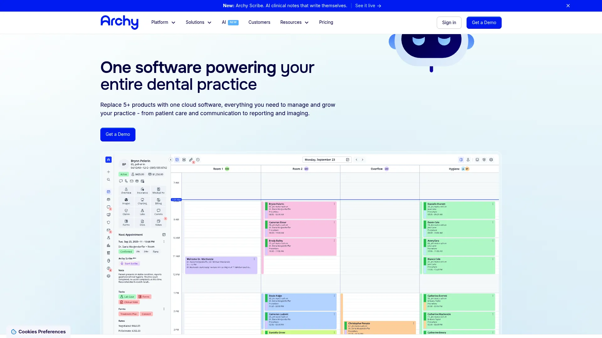 Archy all-in-one cloud dental software homepage