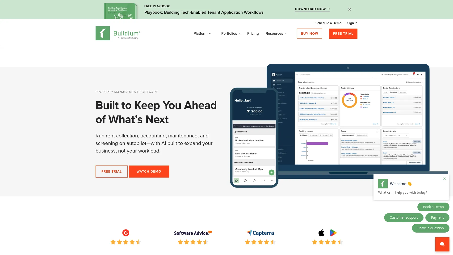 Buildium property management software homepage