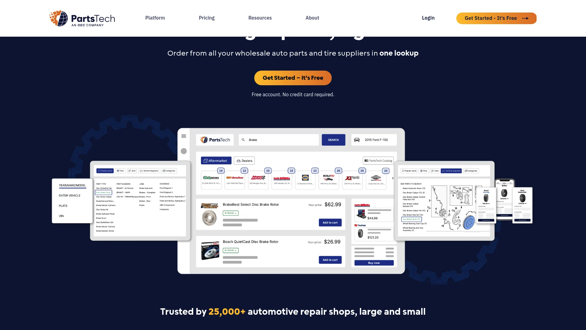 PartsTech parts and tire ordering platform interface
