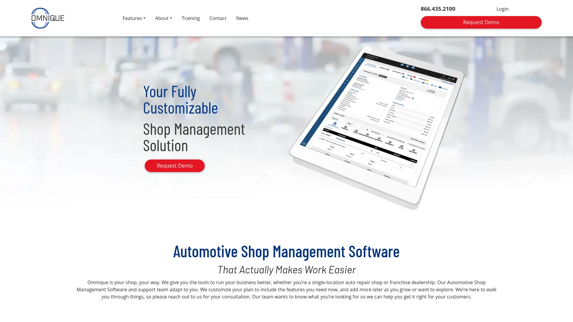 Omnique web-based auto repair shop management dashboard