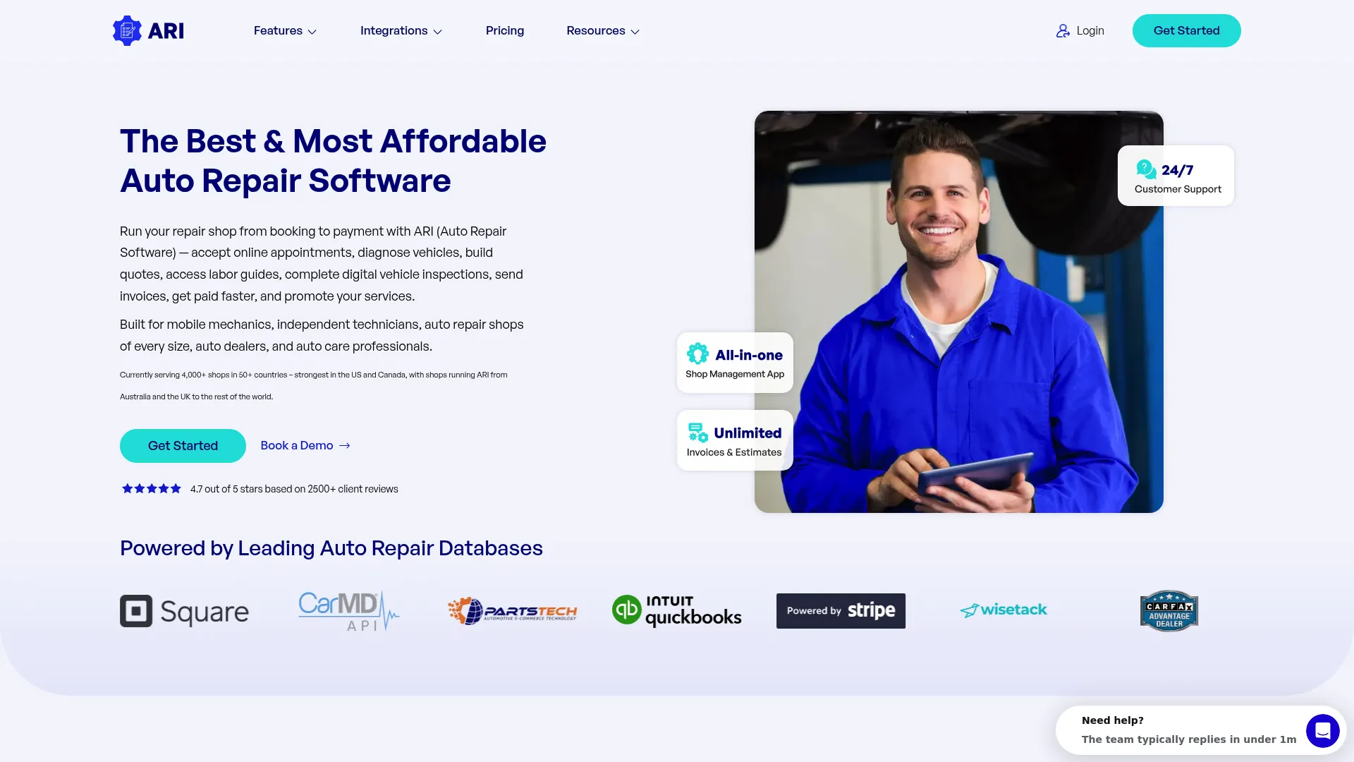 ARI auto repair software interface showing estimates and shop management features