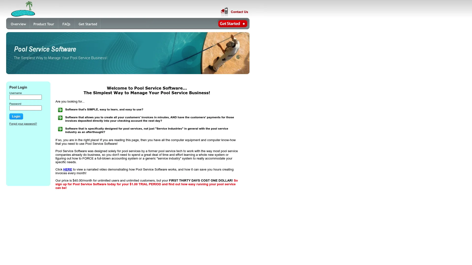 Pool Service Software (PSS) homepage showing pool service management features