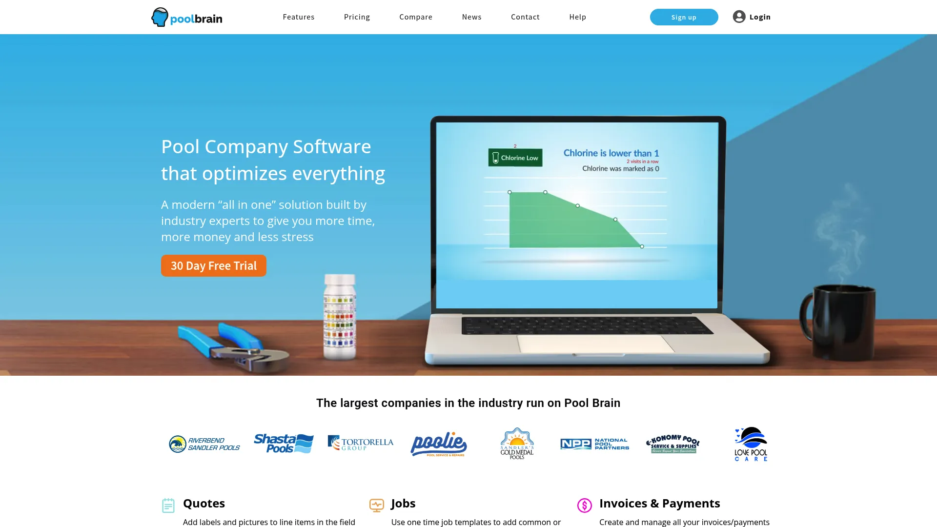 Pool Brain homepage showing pool company software for scheduling, billing, and routing