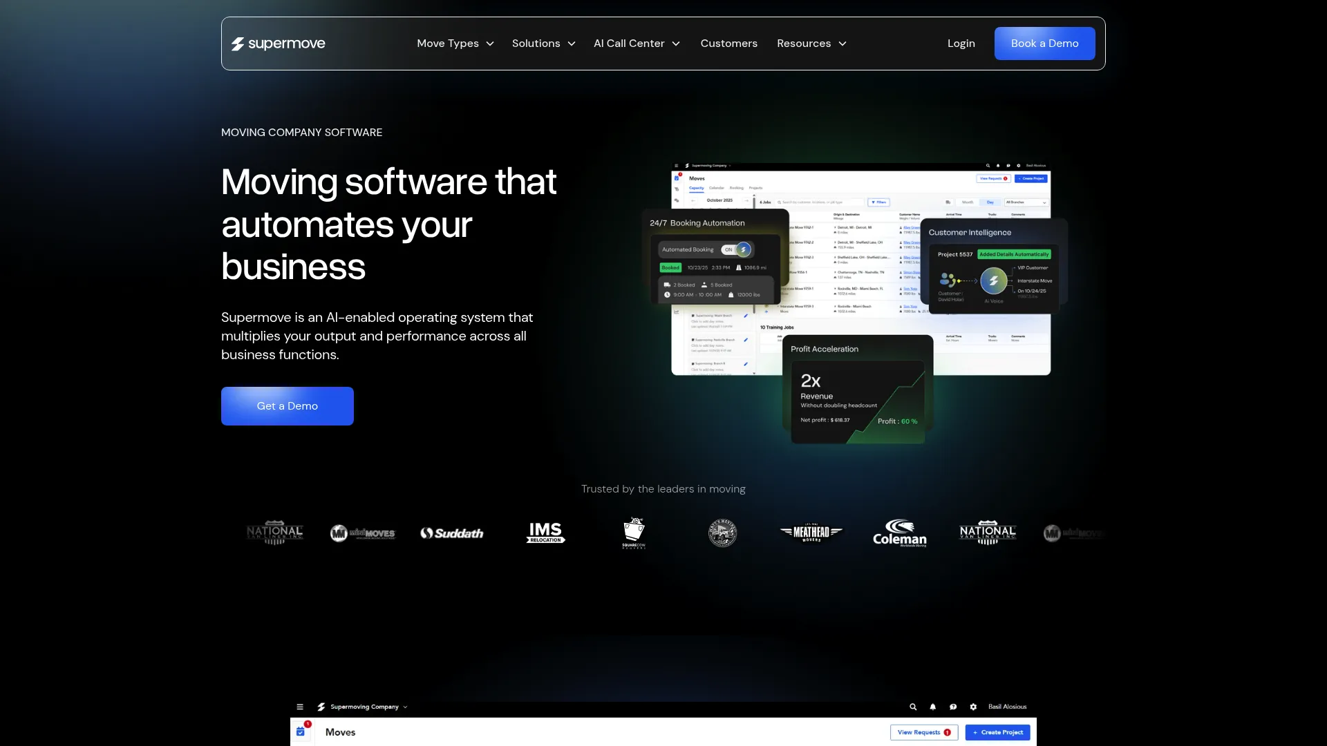 Supermove AI-enabled moving company operating system homepage