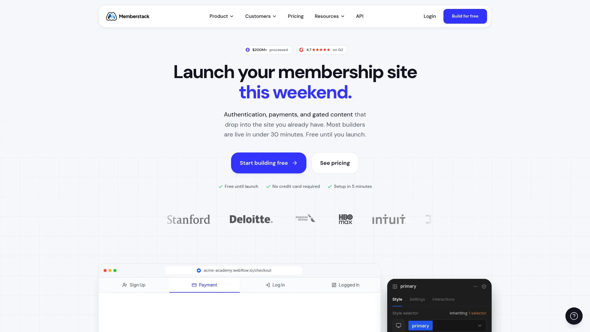 Memberstack authentication and payments platform homepage