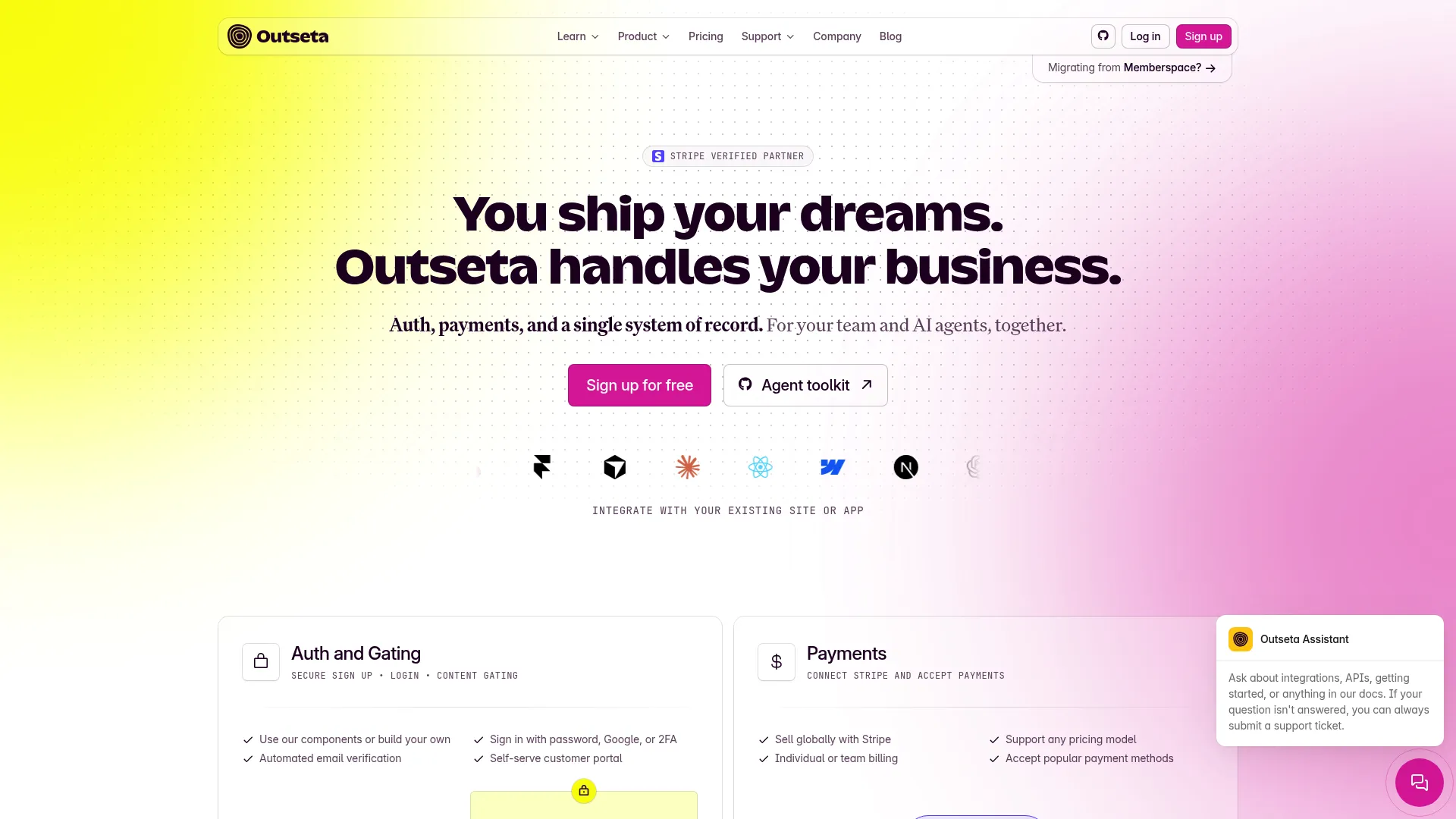Outseta membership and SaaS platform homepage