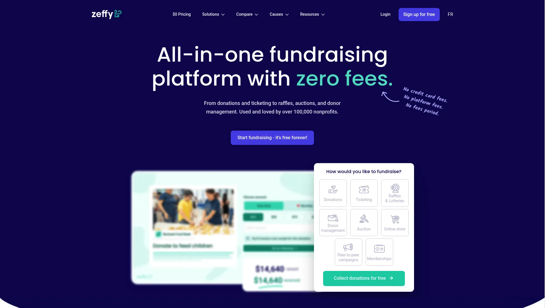 Zeffy free nonprofit fundraising and membership platform homepage