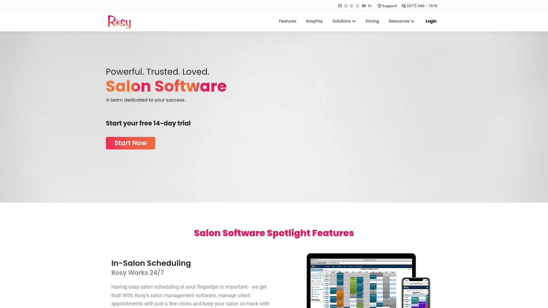 Rosy Salon Software cloud-based scheduling homepage