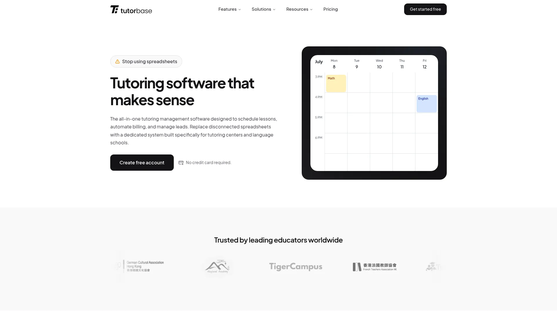 Tutorbase tutoring management software homepage showing scheduling and billing