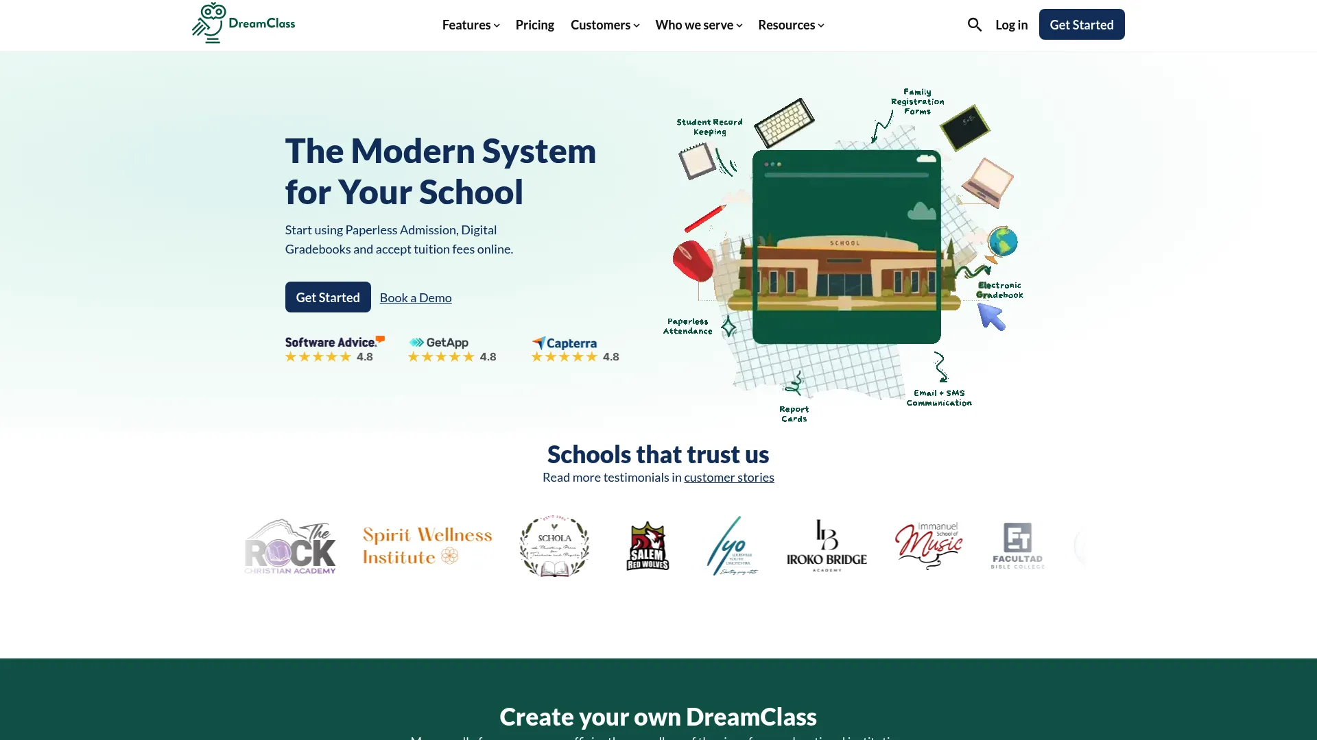 DreamClass school management software homepage showing student records