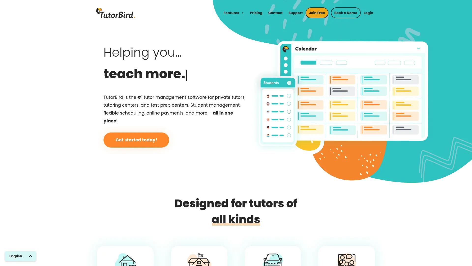 TutorBird tutoring software homepage showing scheduling and student management