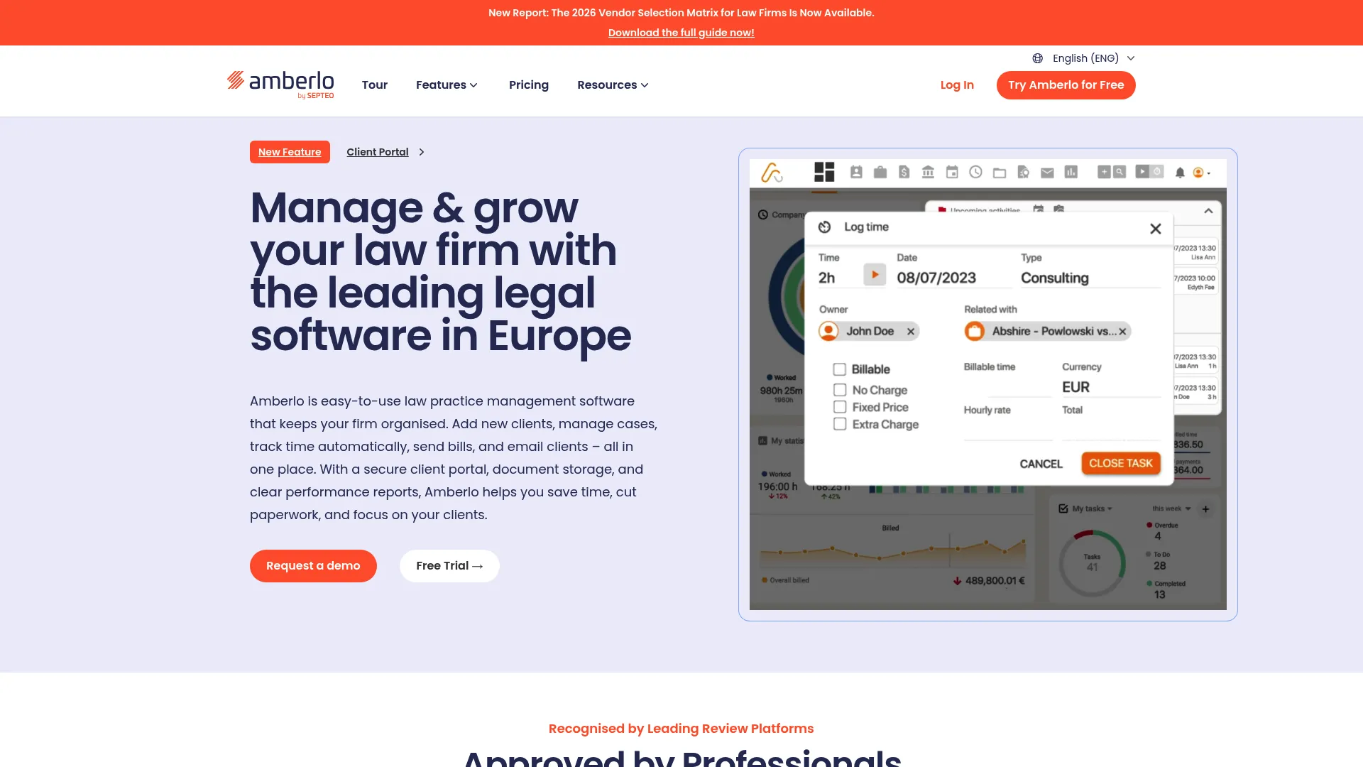 Amberlo cloud legal practice management software homepage