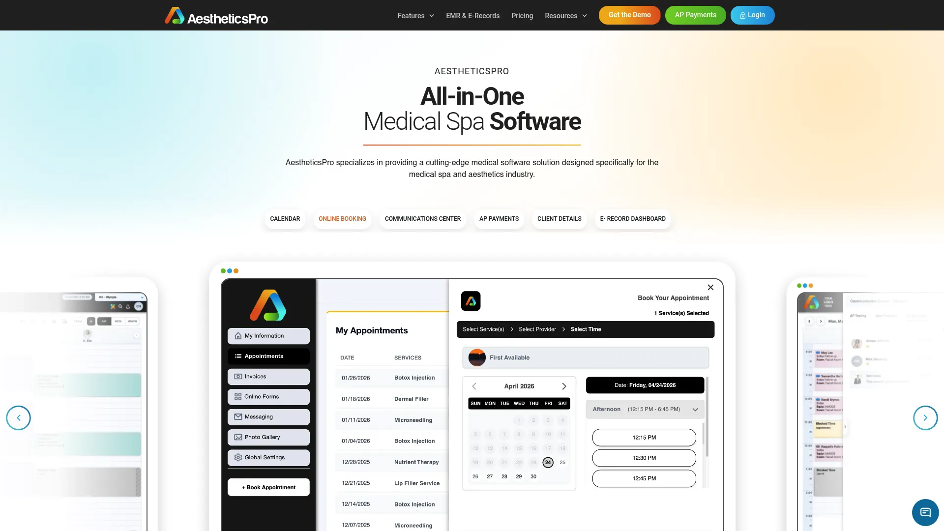 AestheticsPro medical spa software dashboard