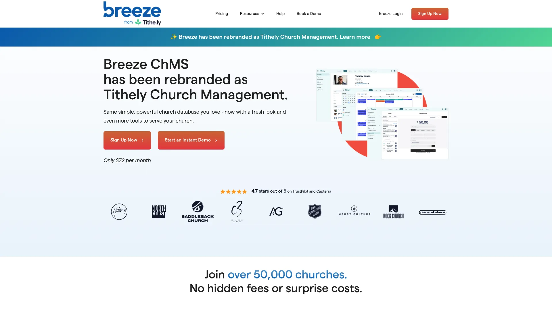 Breeze from Tithely church management software homepage