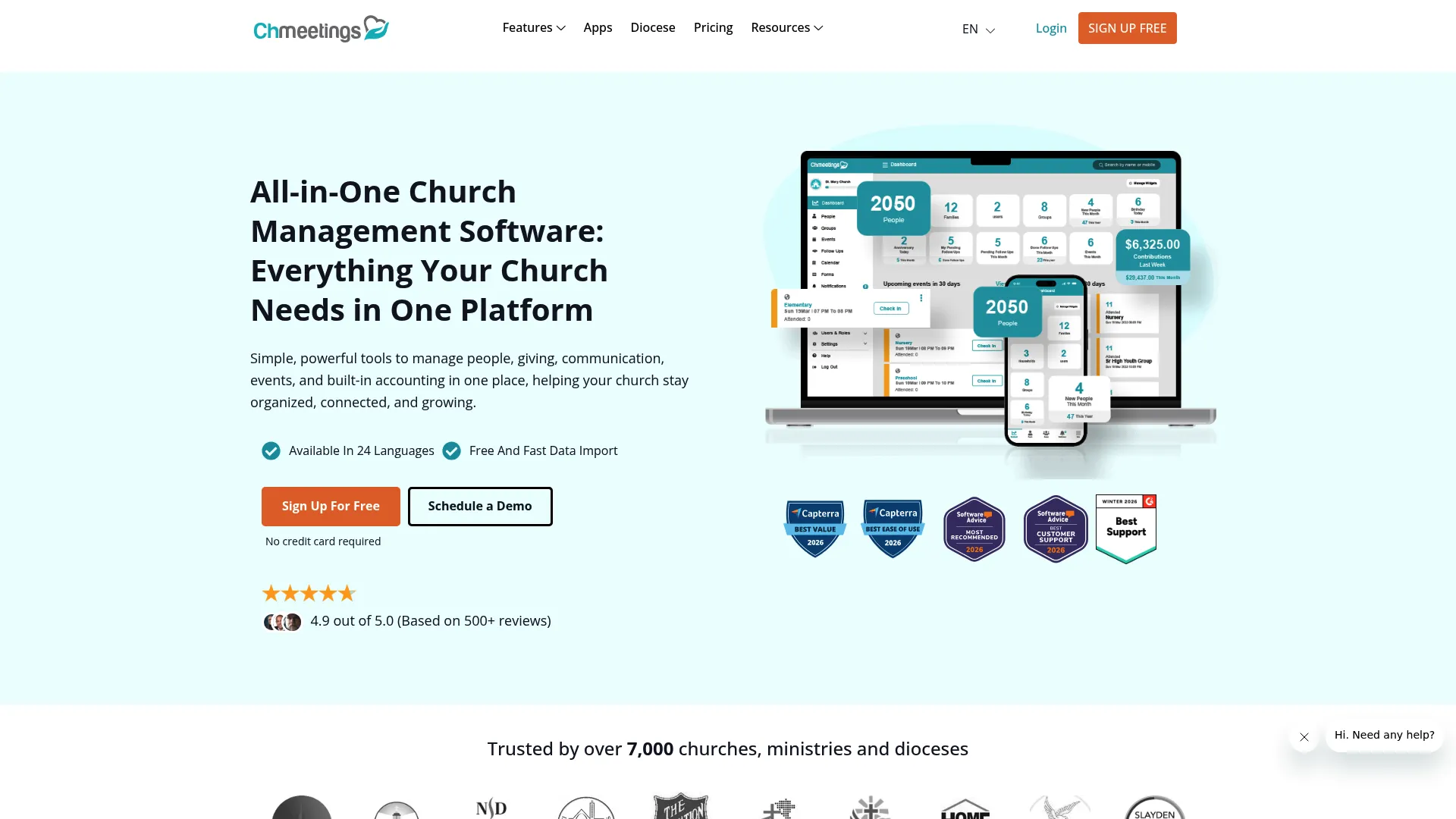 ChMeetings church management software homepage
