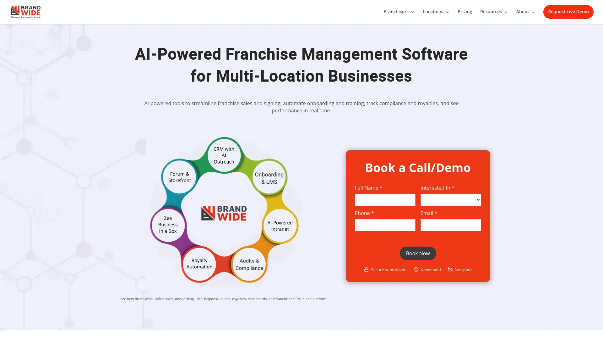 BrandWide franchise management platform homepage