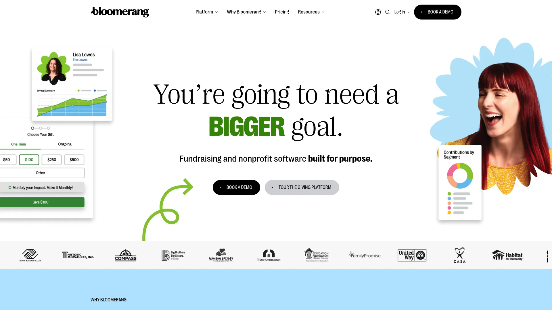Bloomerang donor management and fundraising platform homepage