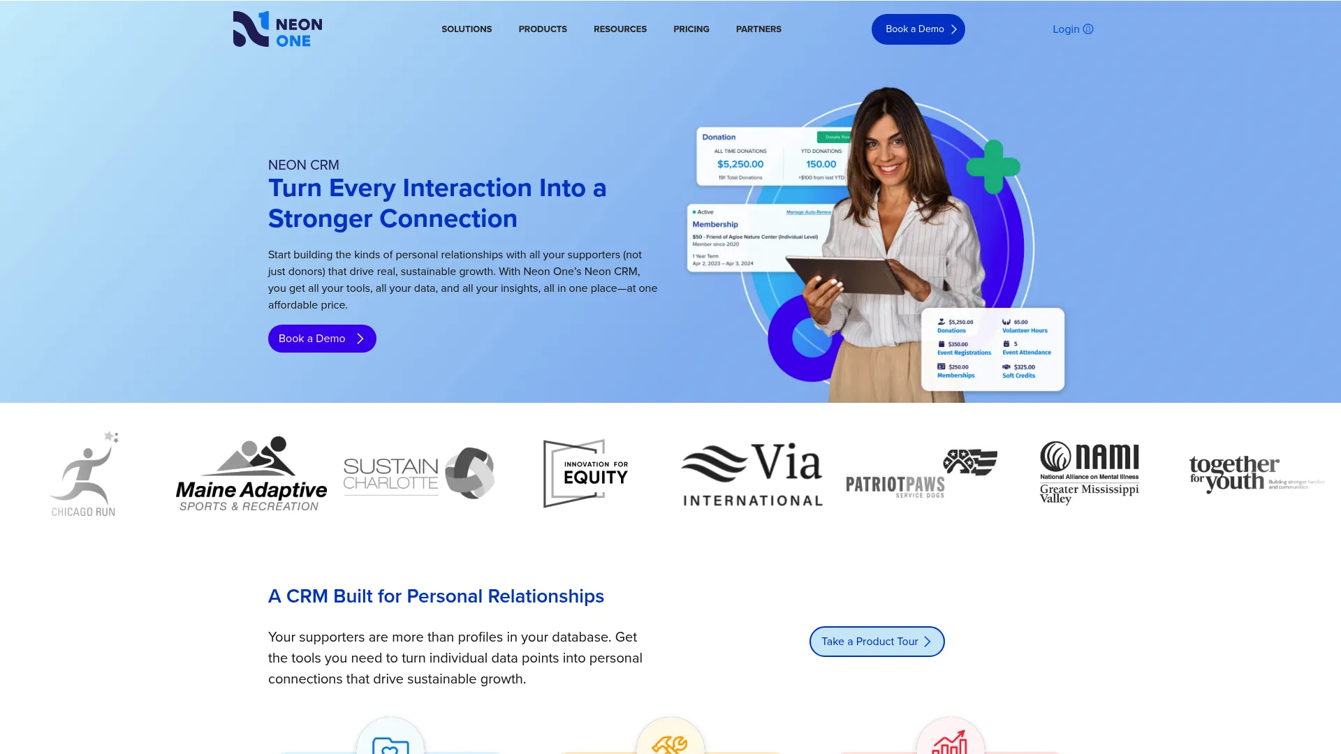 Neon CRM nonprofit donor management platform homepage