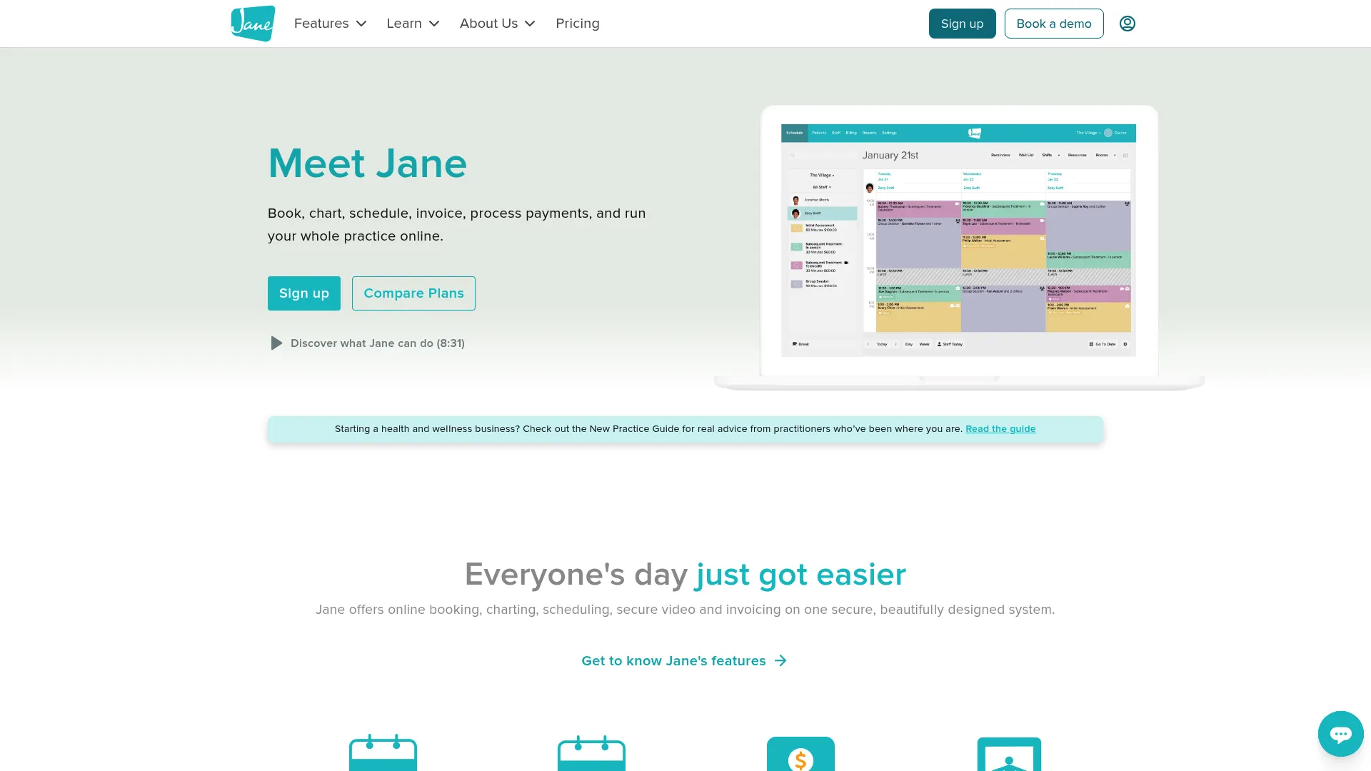 Jane App practice management software homepage