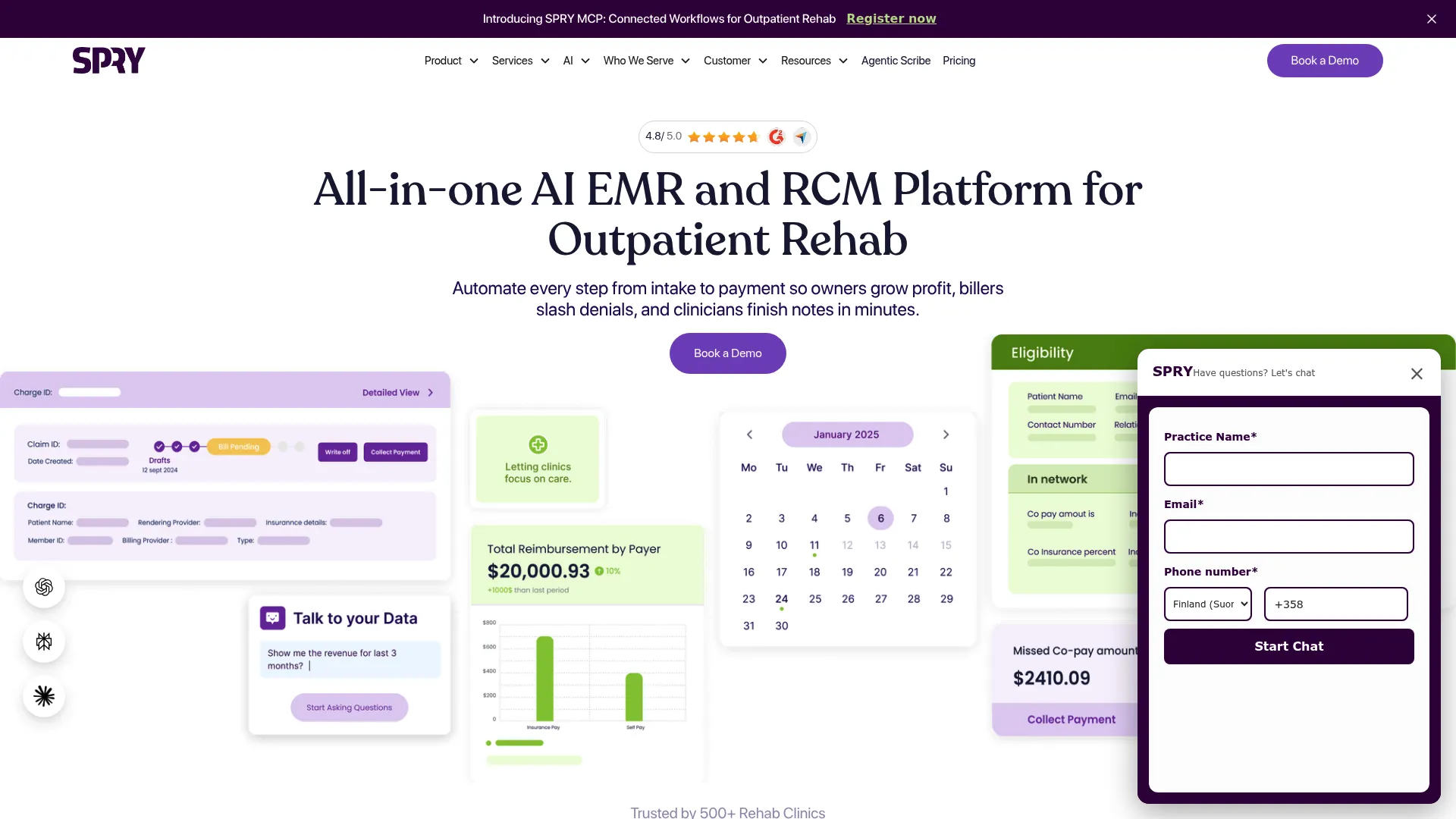 SpryPT AI-native EMR and RCM platform homepage