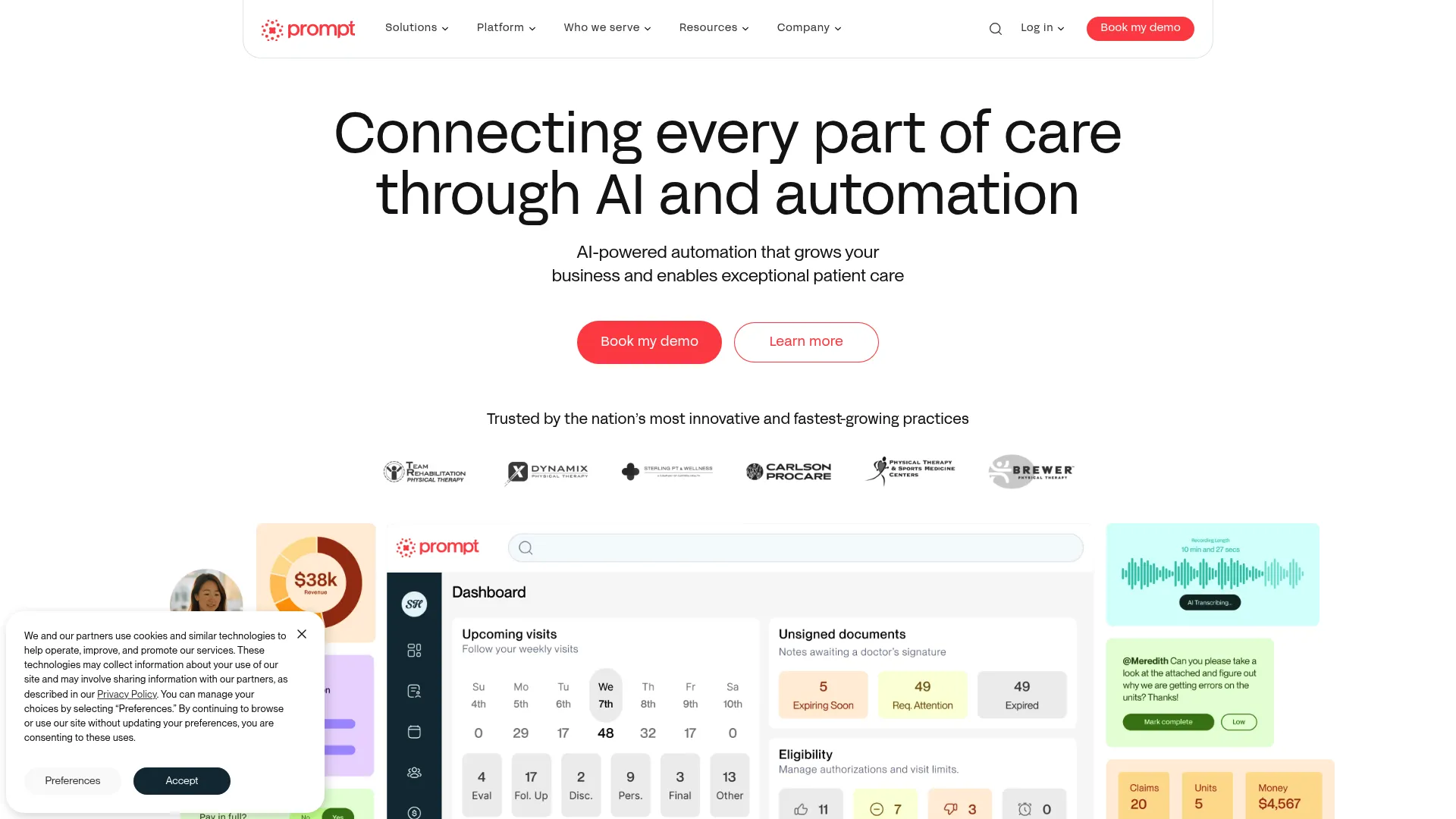 Prompt physical therapy EMR homepage