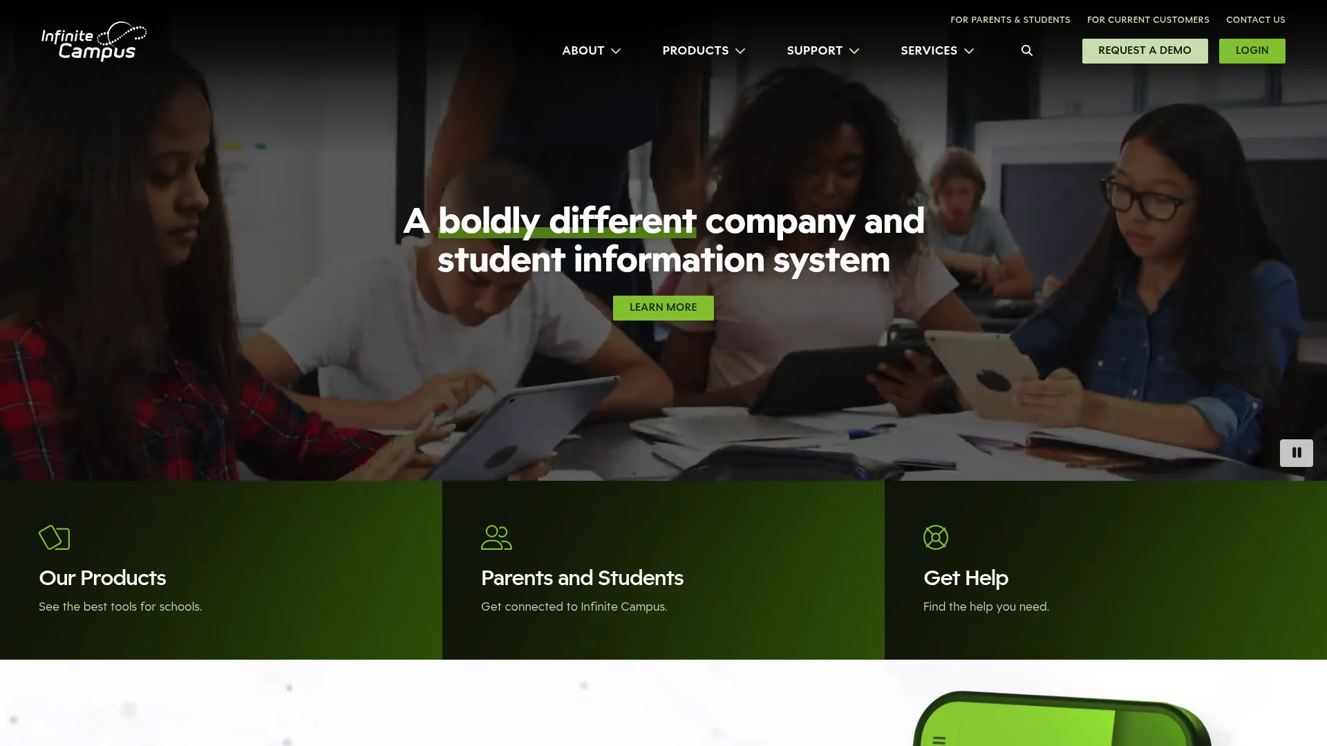 Infinite Campus school management system homepage