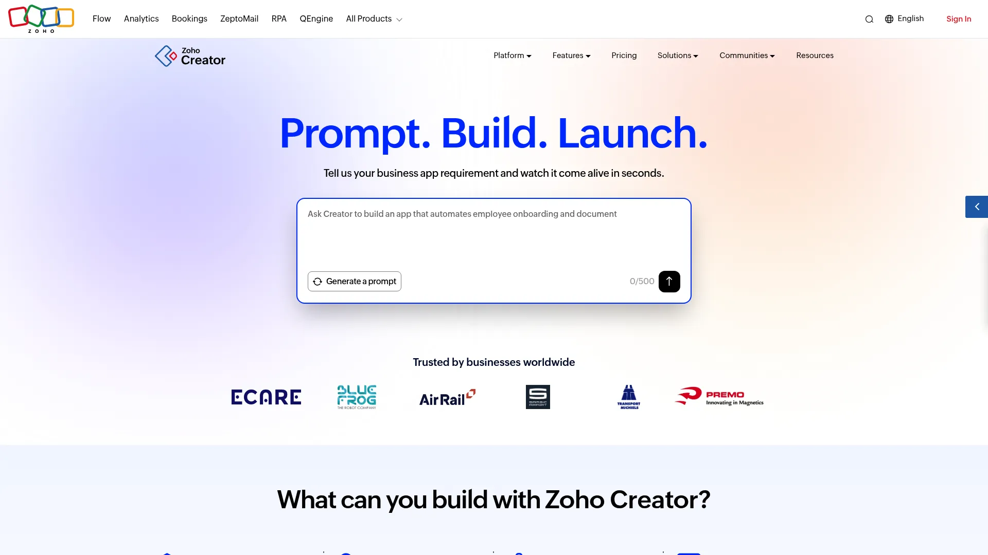 Zoho Creator low-code platform homepage