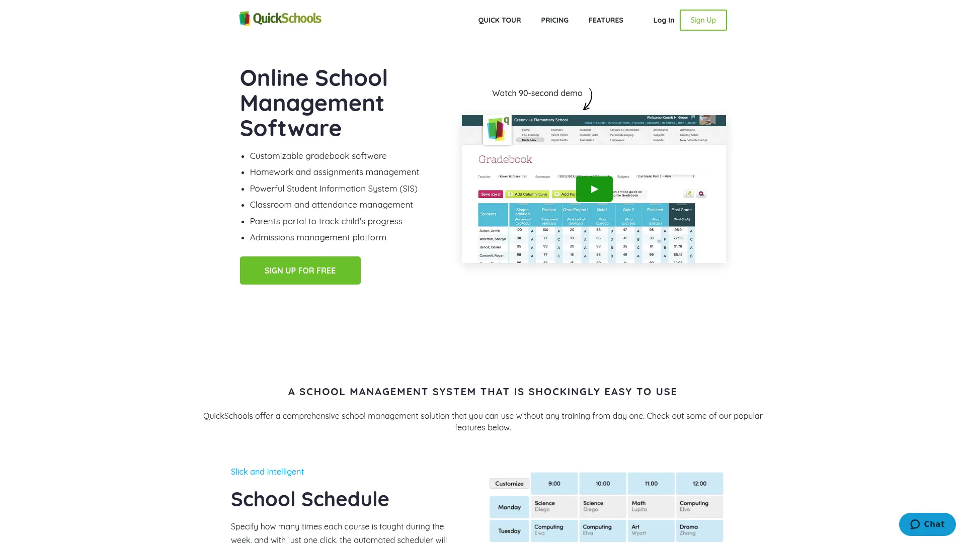 QuickSchools lightweight school management homepage