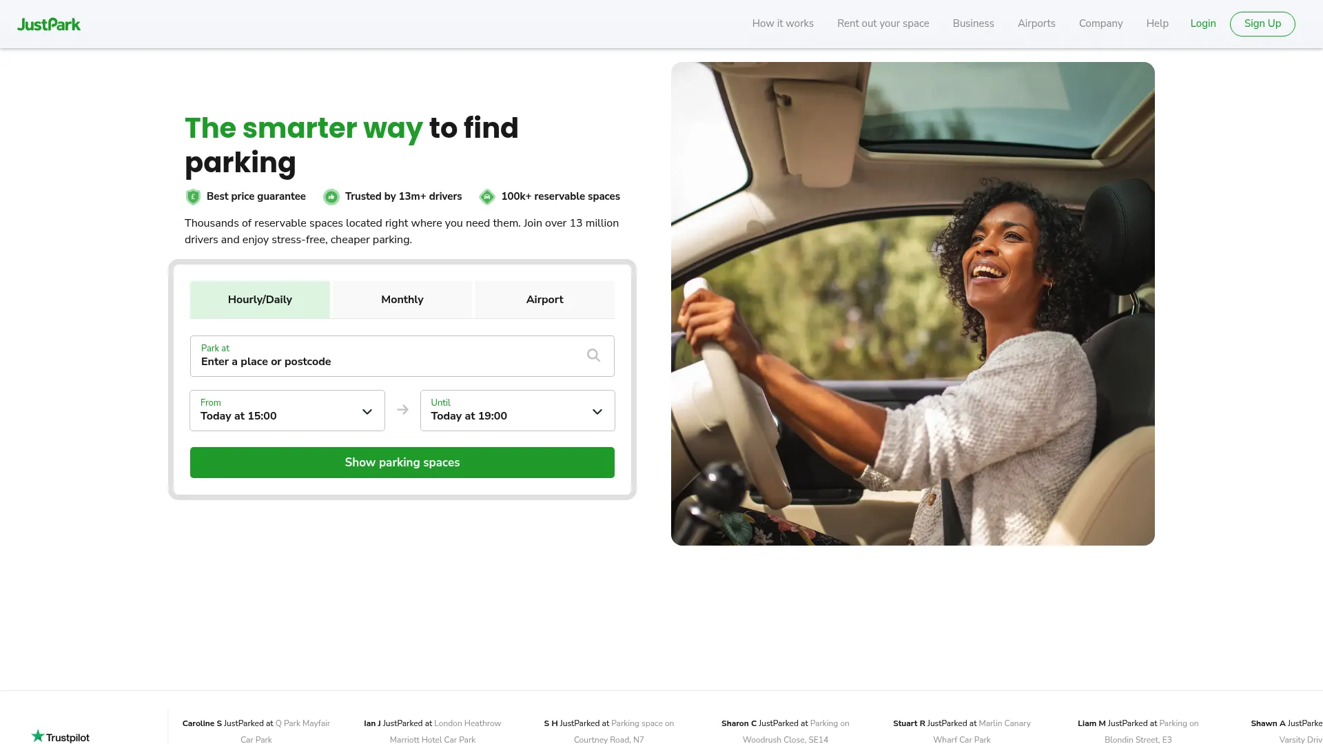 JustPark parking platform homepage