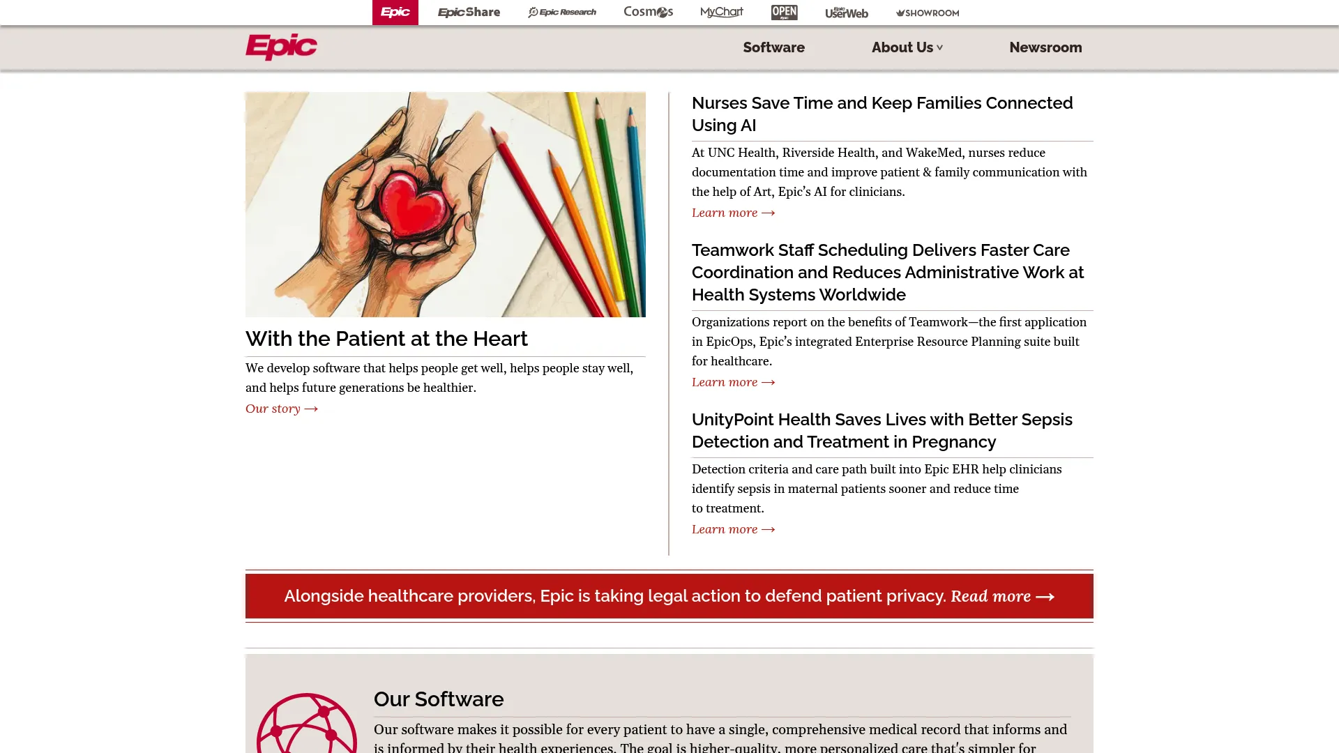 Epic healthcare software homepage