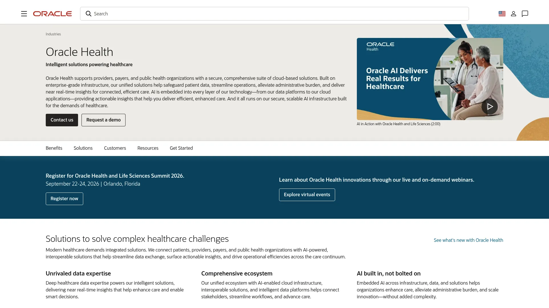 Oracle Health enterprise healthcare platform homepage