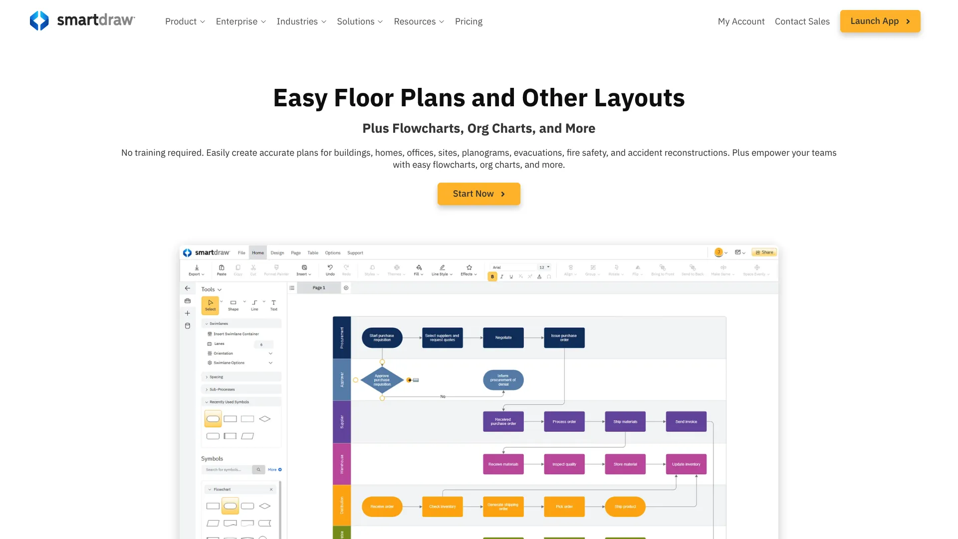 SmartDraw homepage showing web-based diagramming and floor plan software