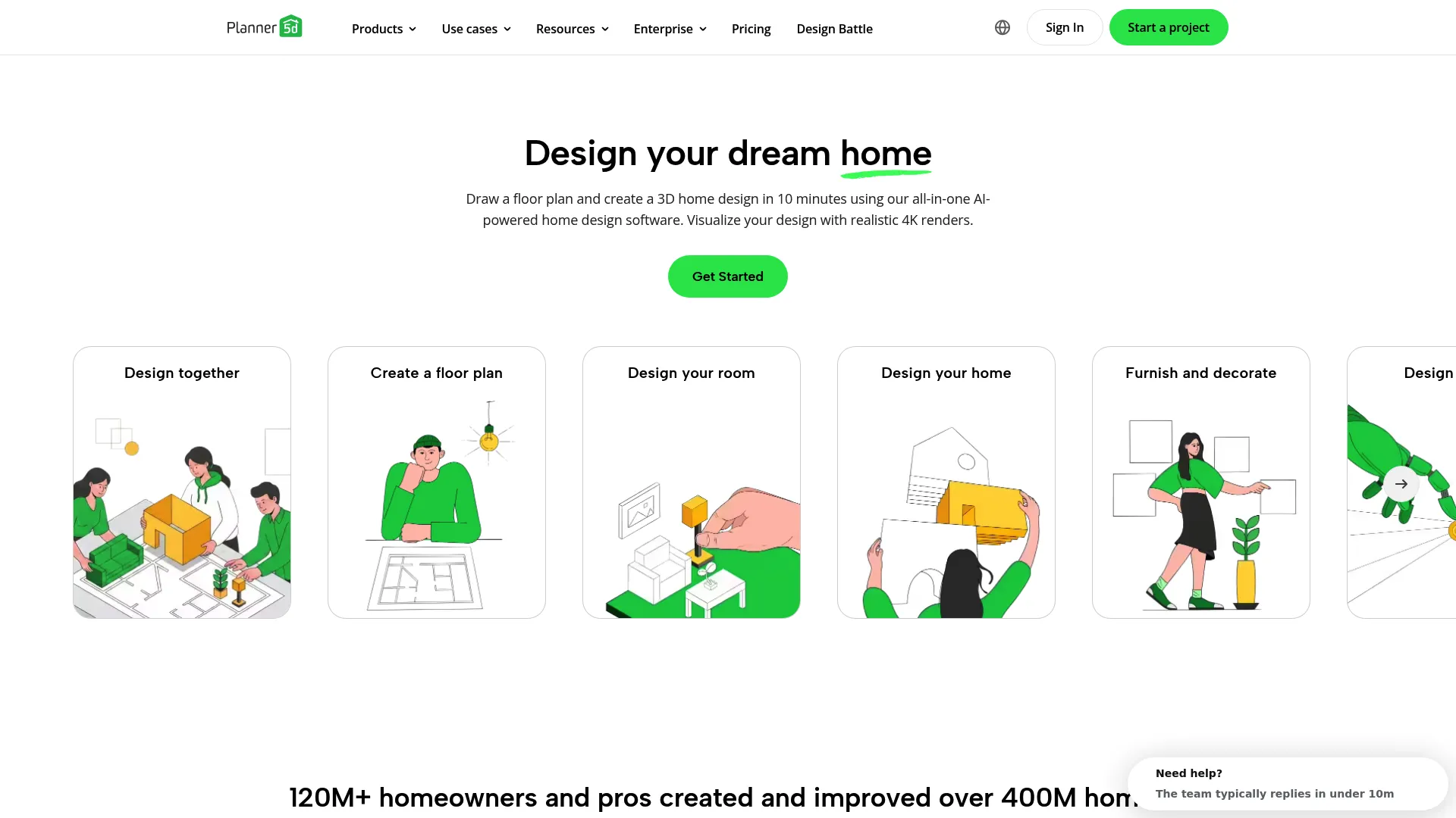 Planner 5D homepage showing home and backyard design in 2D and 3D
