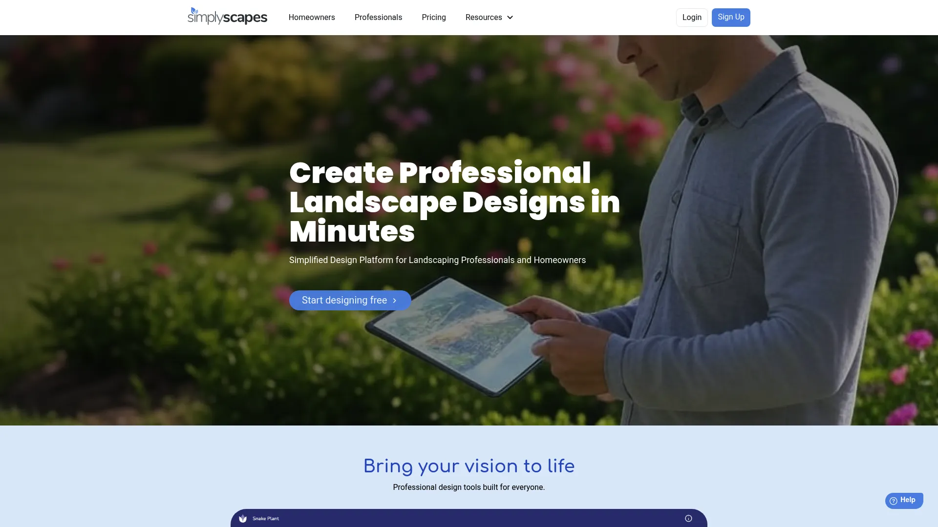 Simplyscapes homepage showing web-based photorealistic landscape design