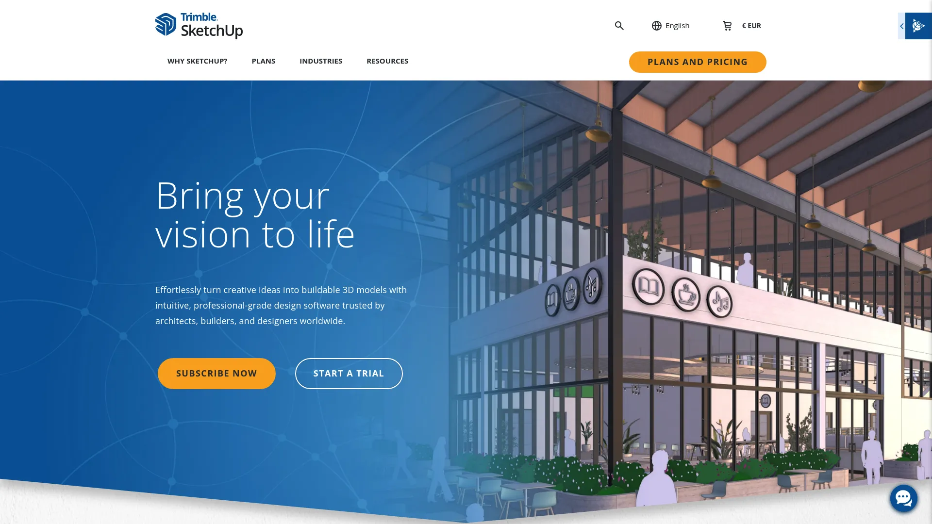 SketchUp homepage showing 3D modeling and design software