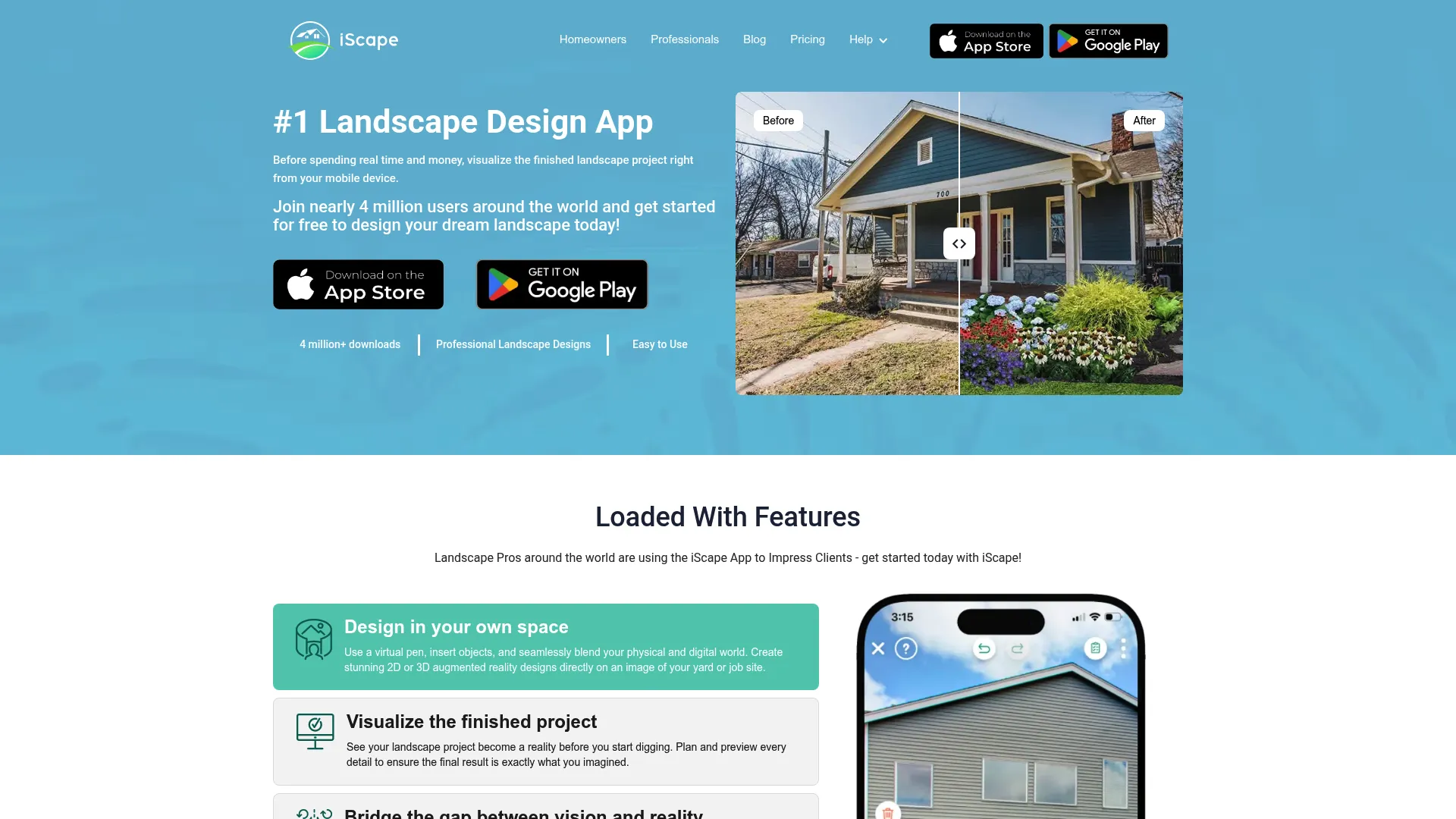 iScape landscape design app homepage showing yard visualization on mobile