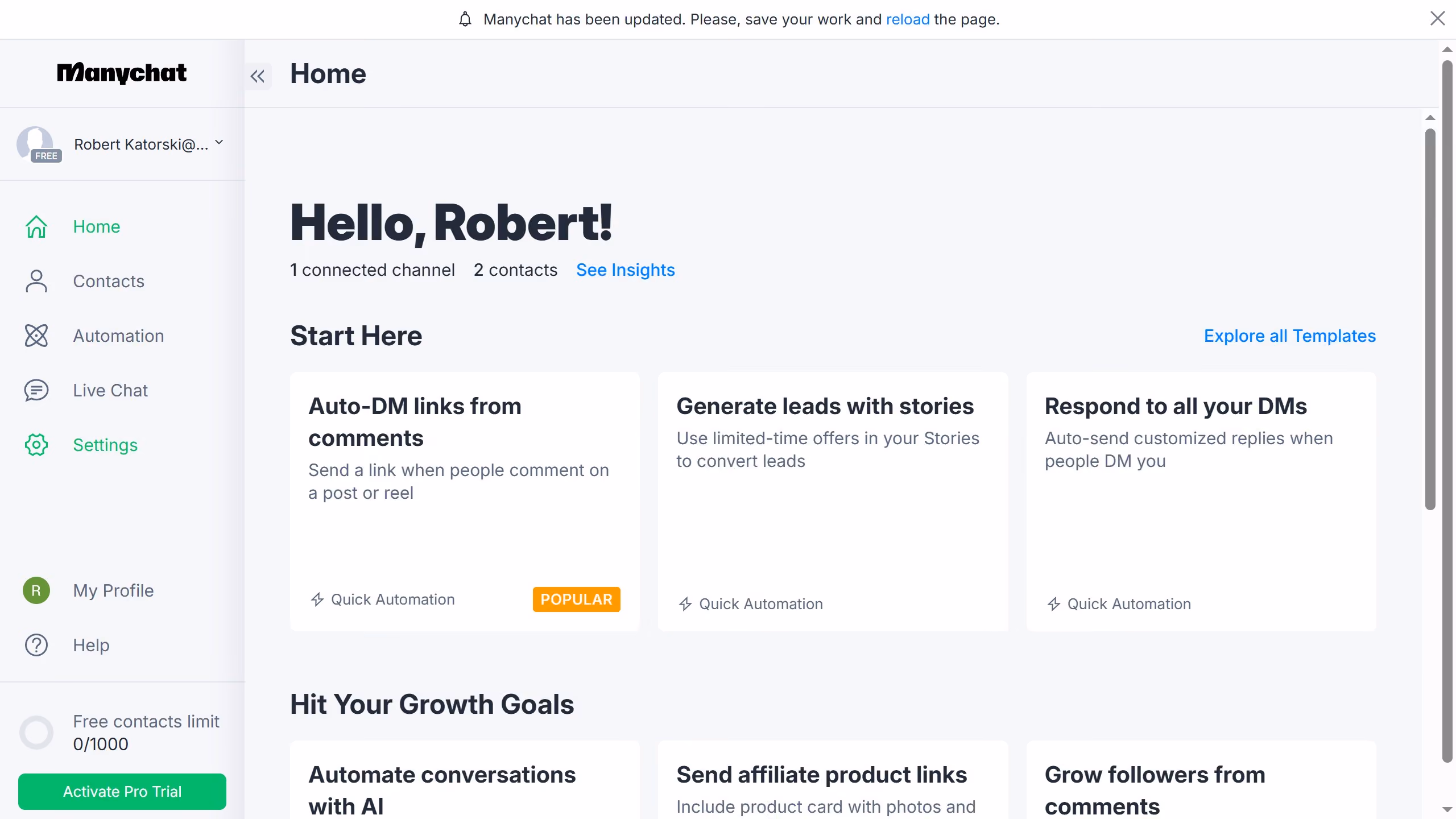 How to enable instagram conversation starters in Manychat