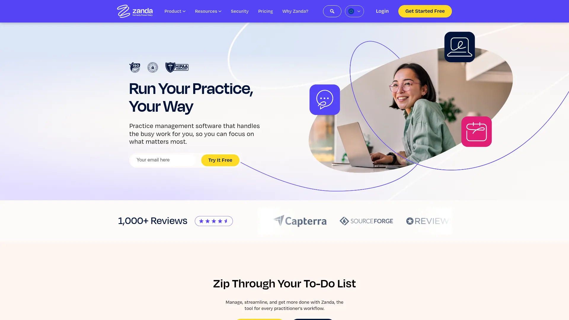 Zanda Health practice management software homepage for health practices